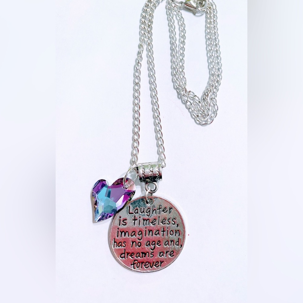 Laughter inspirational quote pendant necklace with crystal heart